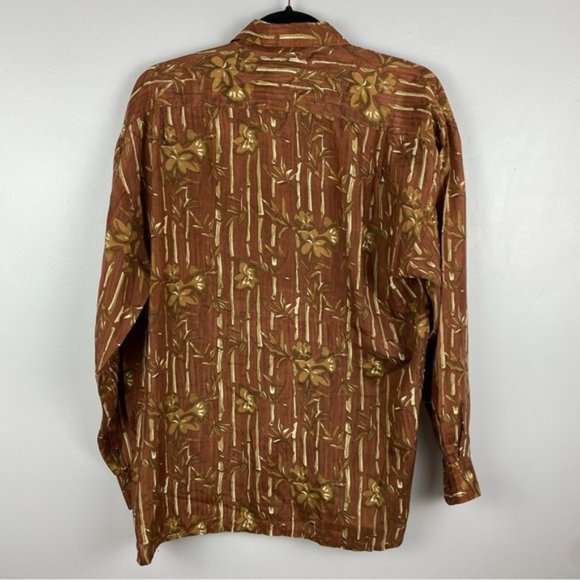 Silk Icon Brown Silk Bamboo Novelty Print Button Down Shirt Medium - Picture 6 of 10